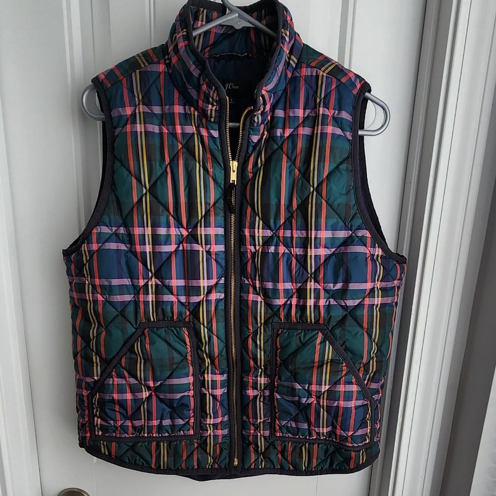 J. Crew Quilted Plaid Puffer Vest in Green, Pink, Navy